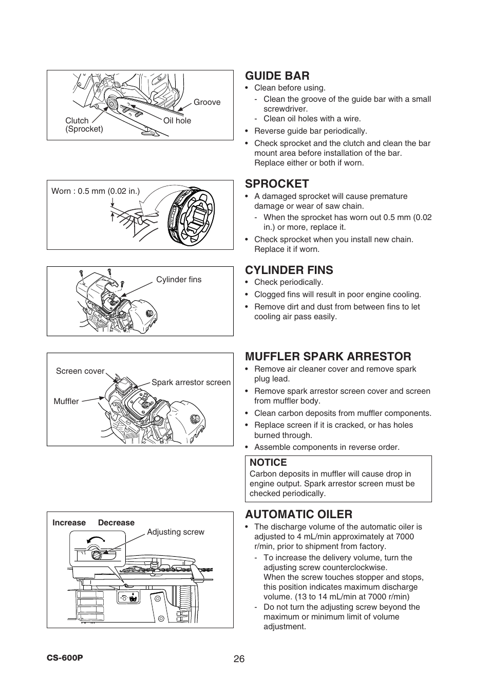 Guide bar, Sprocket, Cylinder fins | Muffler spark arrestor, Automatic oiler | Echo CS-600P Serial C22312001001 - C22312999999 User Manual | Page 28 / 34