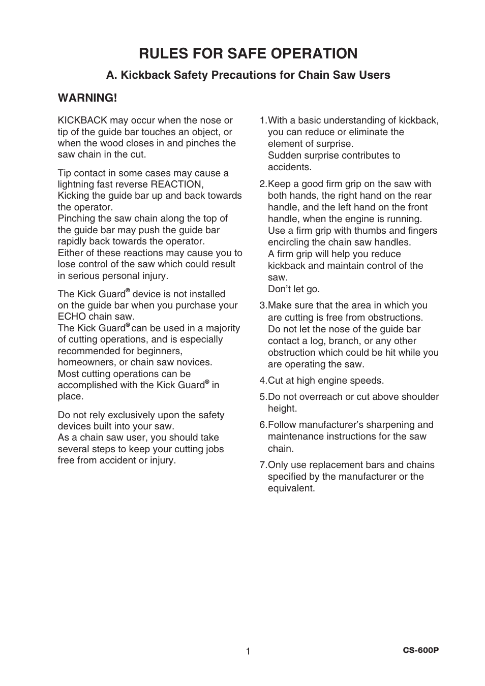 Rules for safe operation | Echo CS-600P Serial C22312001001 - C22312999999 User Manual | Page 3 / 34