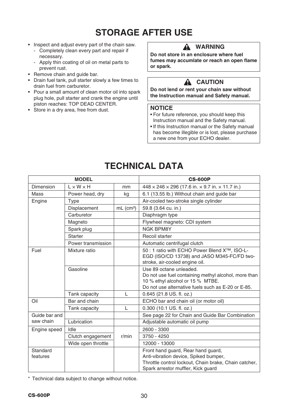 Storage after use, Technical data | Echo CS-600P Serial C22312001001 - C22312999999 User Manual | Page 32 / 34