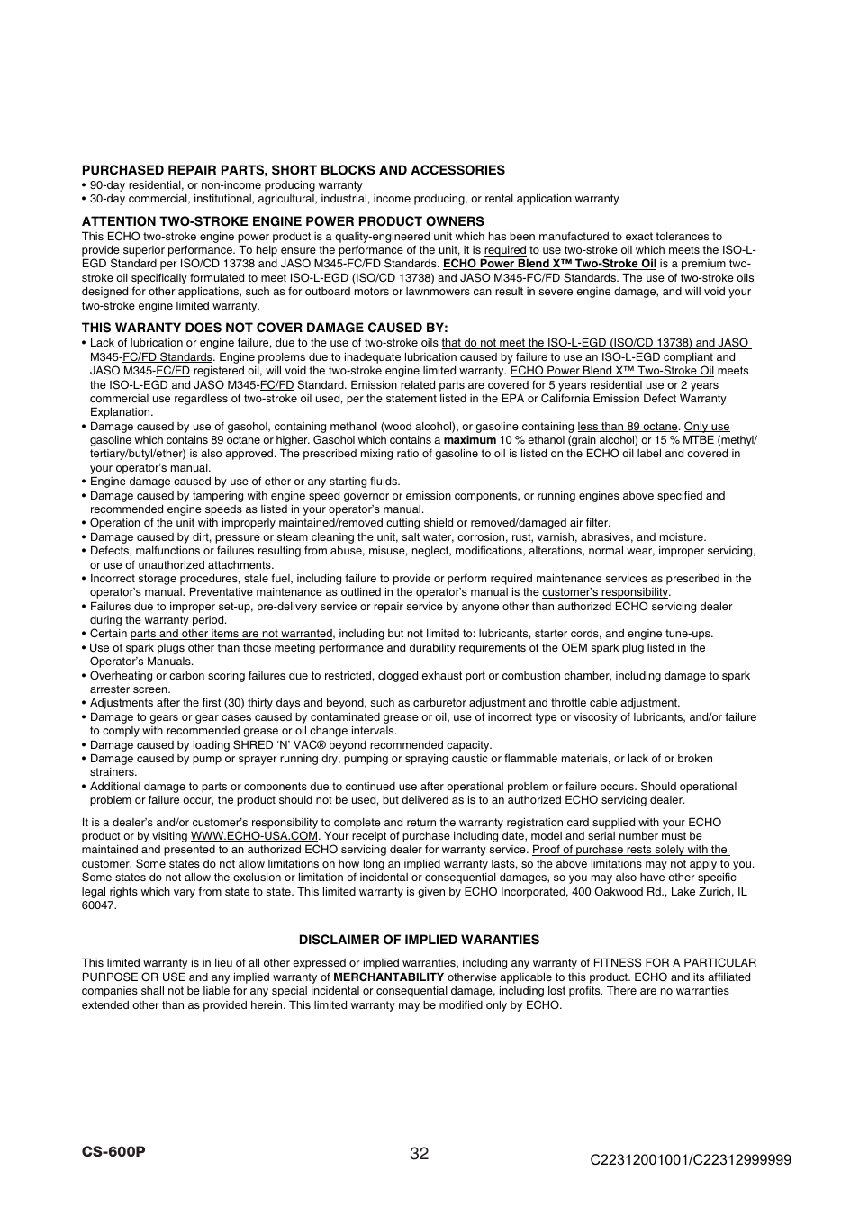 Echo CS-600P Serial C22312001001 - C22312999999 User Manual | Page 34 / 34