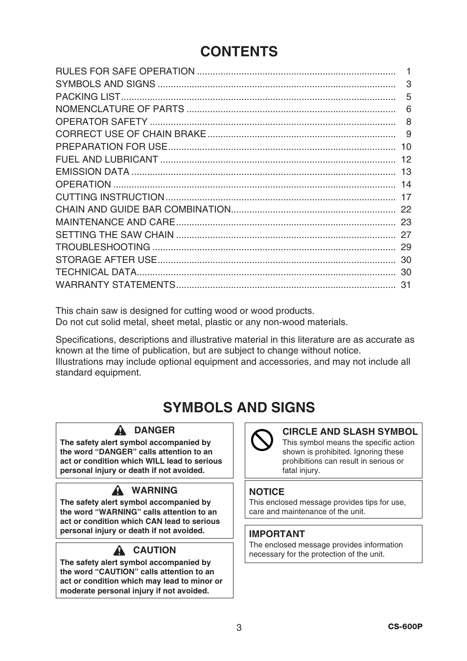 Symbols and signs contents | Echo CS-600P Serial C22312001001 - C22312999999 User Manual | Page 5 / 34