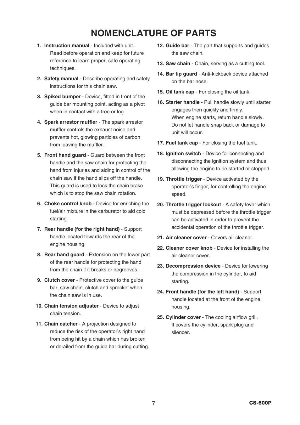 Nomenclature of parts | Echo CS-600P Serial C22312001001 - C22312999999 User Manual | Page 9 / 34