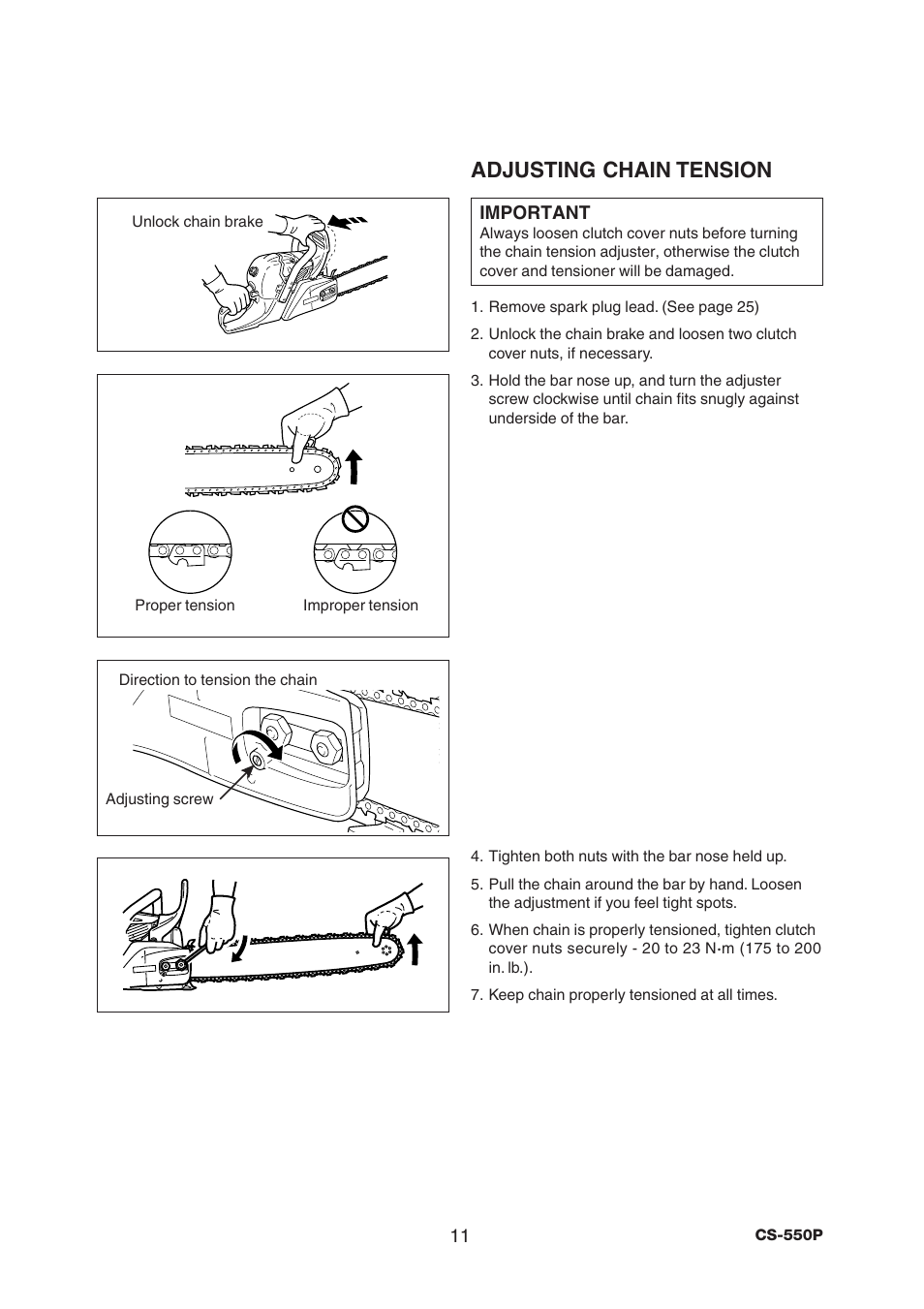 Adjusting chain tension | Echo CS-550P Serial C10712001001 - C10712999999 User Manual | Page 13 / 36