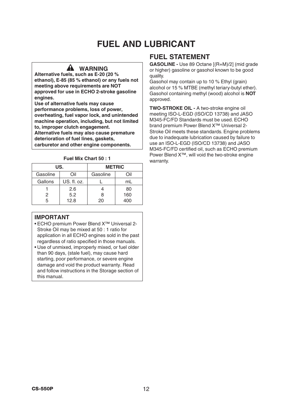 Fuel and lubricant, Fuel statement | Echo CS-550P Serial C10712001001 - C10712999999 User Manual | Page 14 / 36