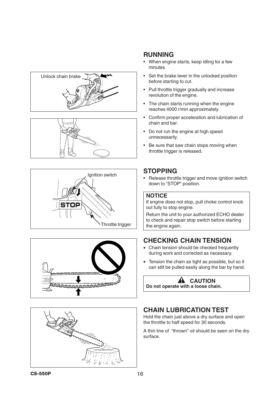 Running, Stopping, Checking chain tension | Chain lubrication test | Echo CS-550P Serial C10712001001 - C10712999999 User Manual | Page 18 / 36