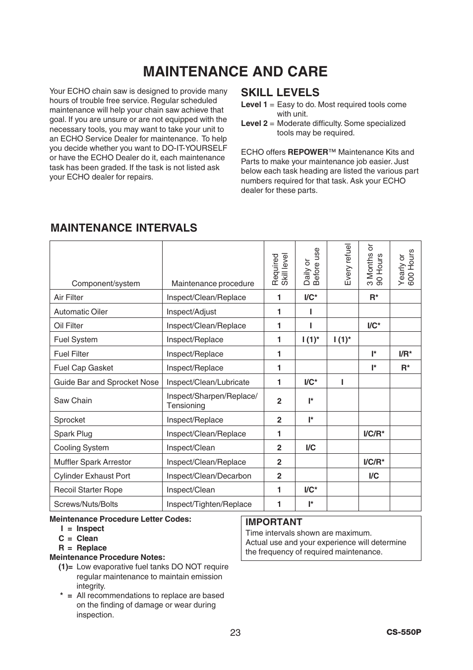 Maintenance and care, Skill levels, Maintenance intervals | Echo CS-550P Serial C10712001001 - C10712999999 User Manual | Page 25 / 36