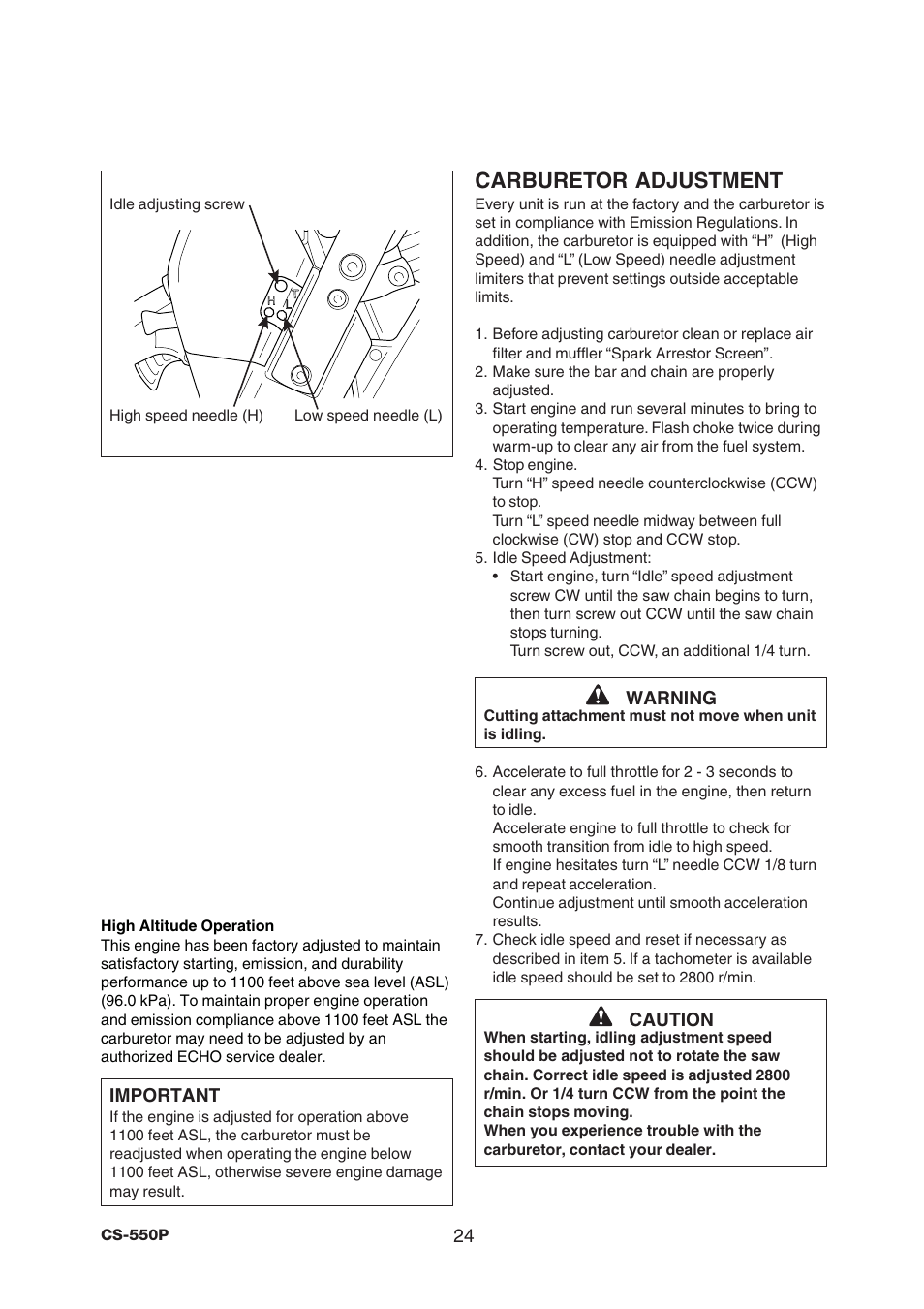 Carburetor adjustment | Echo CS-550P Serial C10712001001 - C10712999999 User Manual | Page 26 / 36