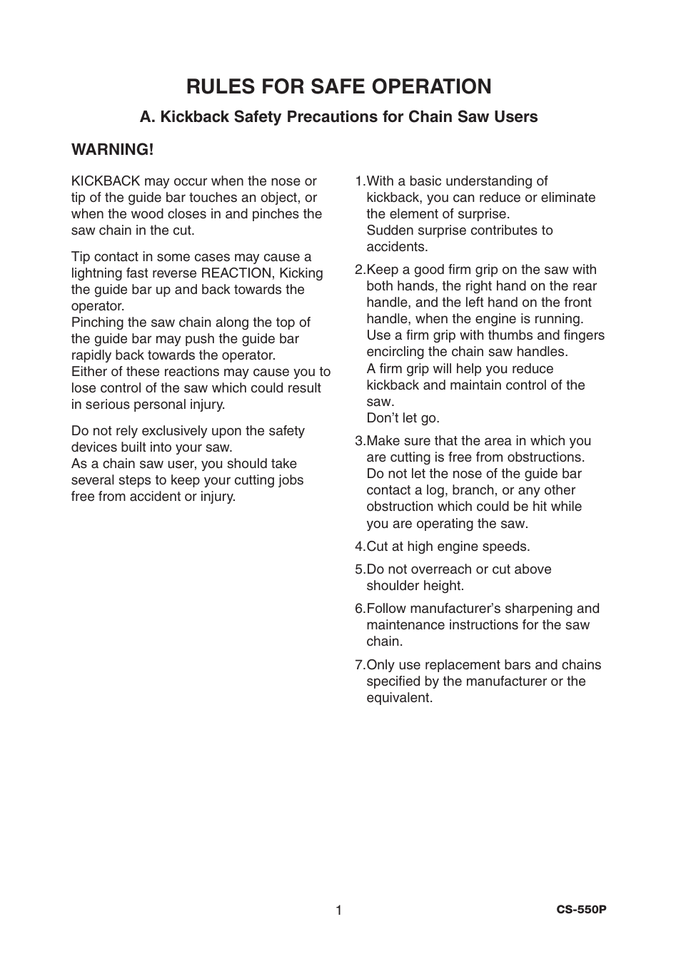 Rules for safe operation | Echo CS-550P Serial C10712001001 - C10712999999 User Manual | Page 3 / 36