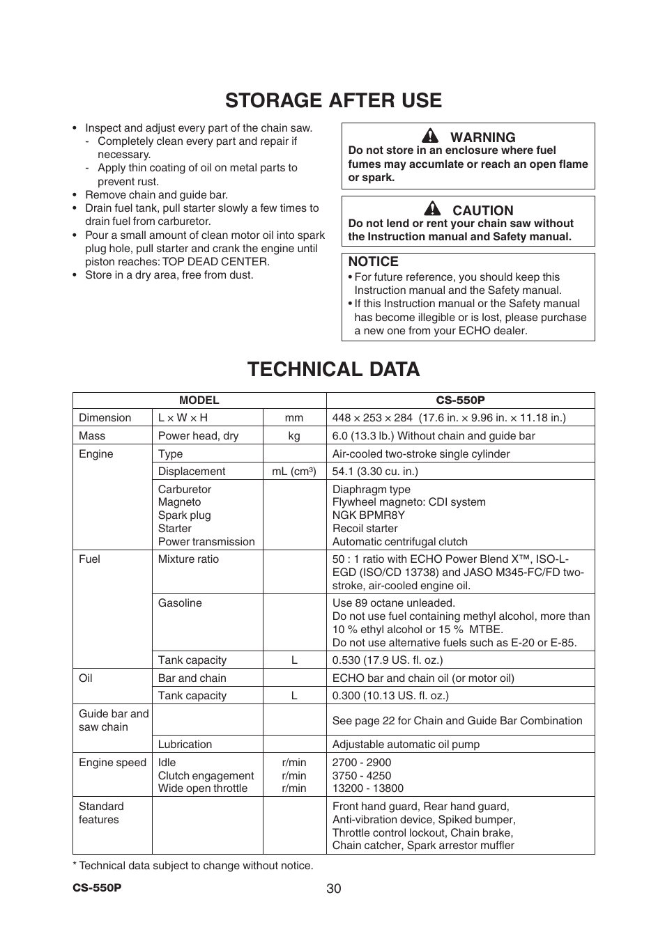 Storage after use, Technical data | Echo CS-550P Serial C10712001001 - C10712999999 User Manual | Page 32 / 36