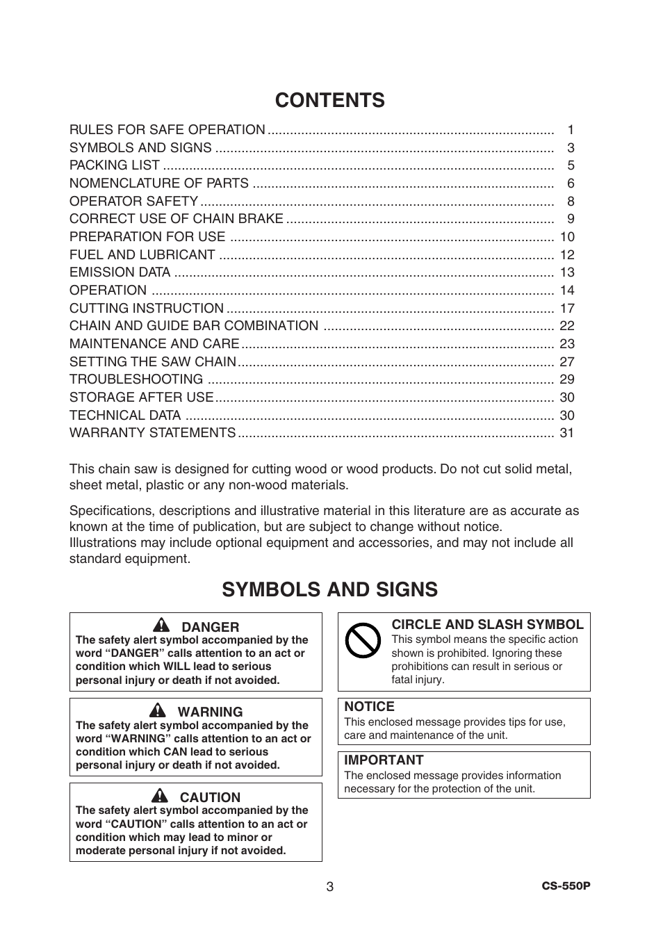 Symbols and signs contents | Echo CS-550P Serial C10712001001 - C10712999999 User Manual | Page 5 / 36