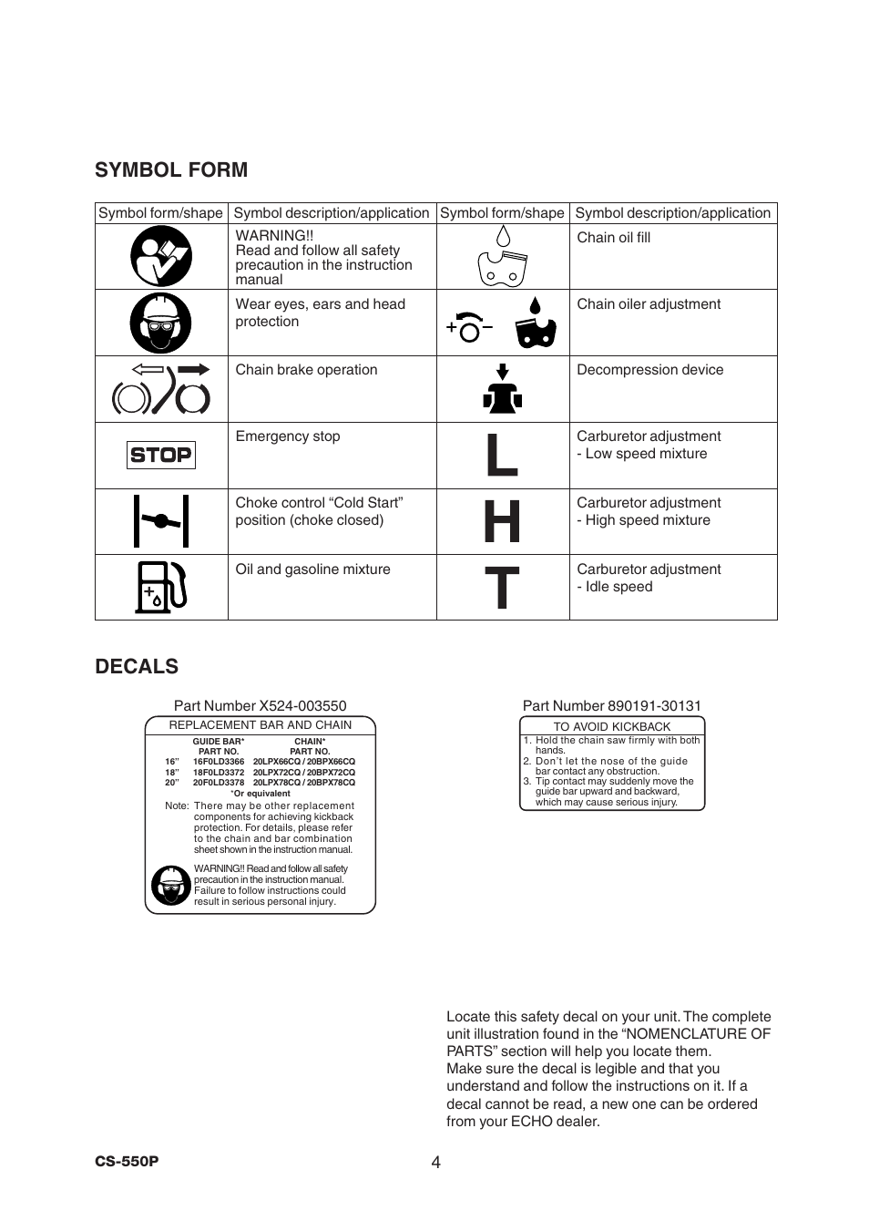 Decals, Symbol form | Echo CS-550P Serial C10712001001 - C10712999999 User Manual | Page 6 / 36