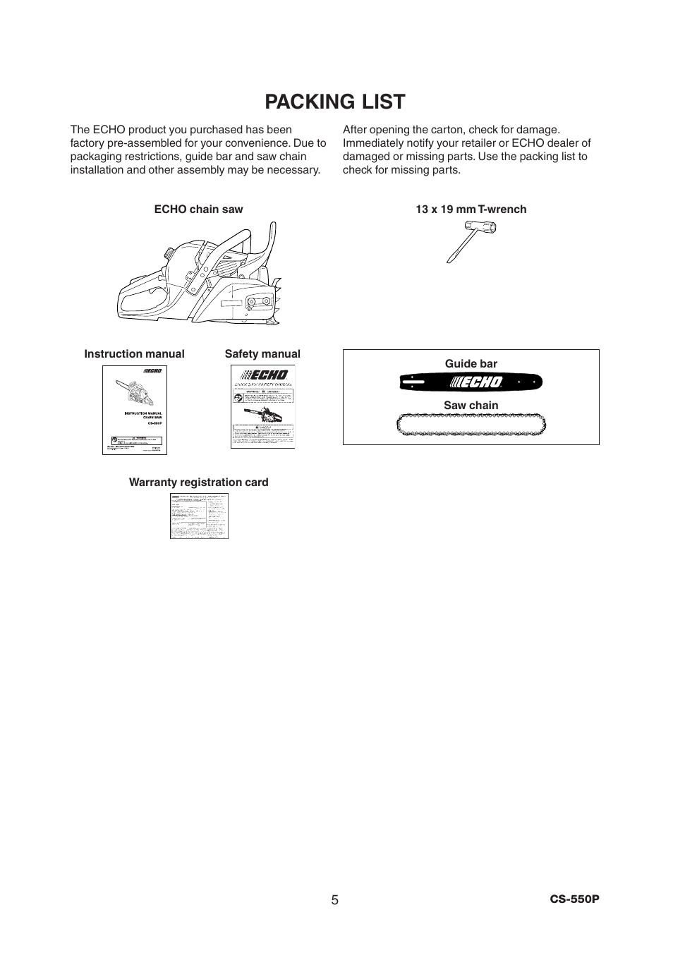 Packing list | Echo CS-550P Serial C10712001001 - C10712999999 User Manual | Page 7 / 36