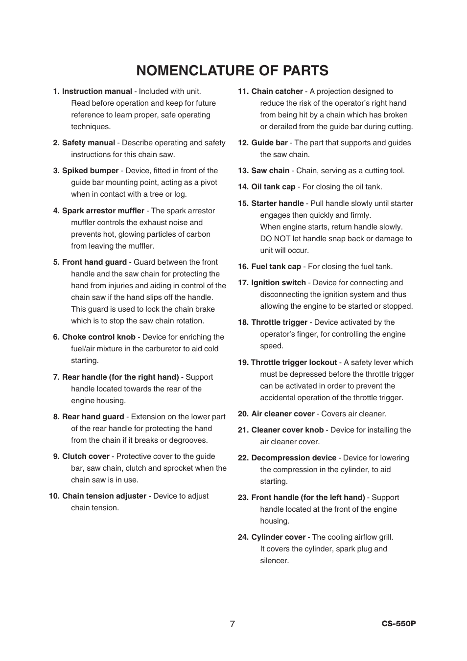 Nomenclature of parts | Echo CS-550P Serial C10712001001 - C10712999999 User Manual | Page 9 / 36