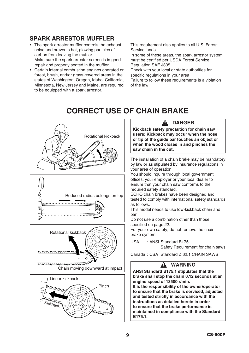 Correct use of chain brake, Spark arrestor muffler | Echo CS-500P User Manual | Page 11 / 34
