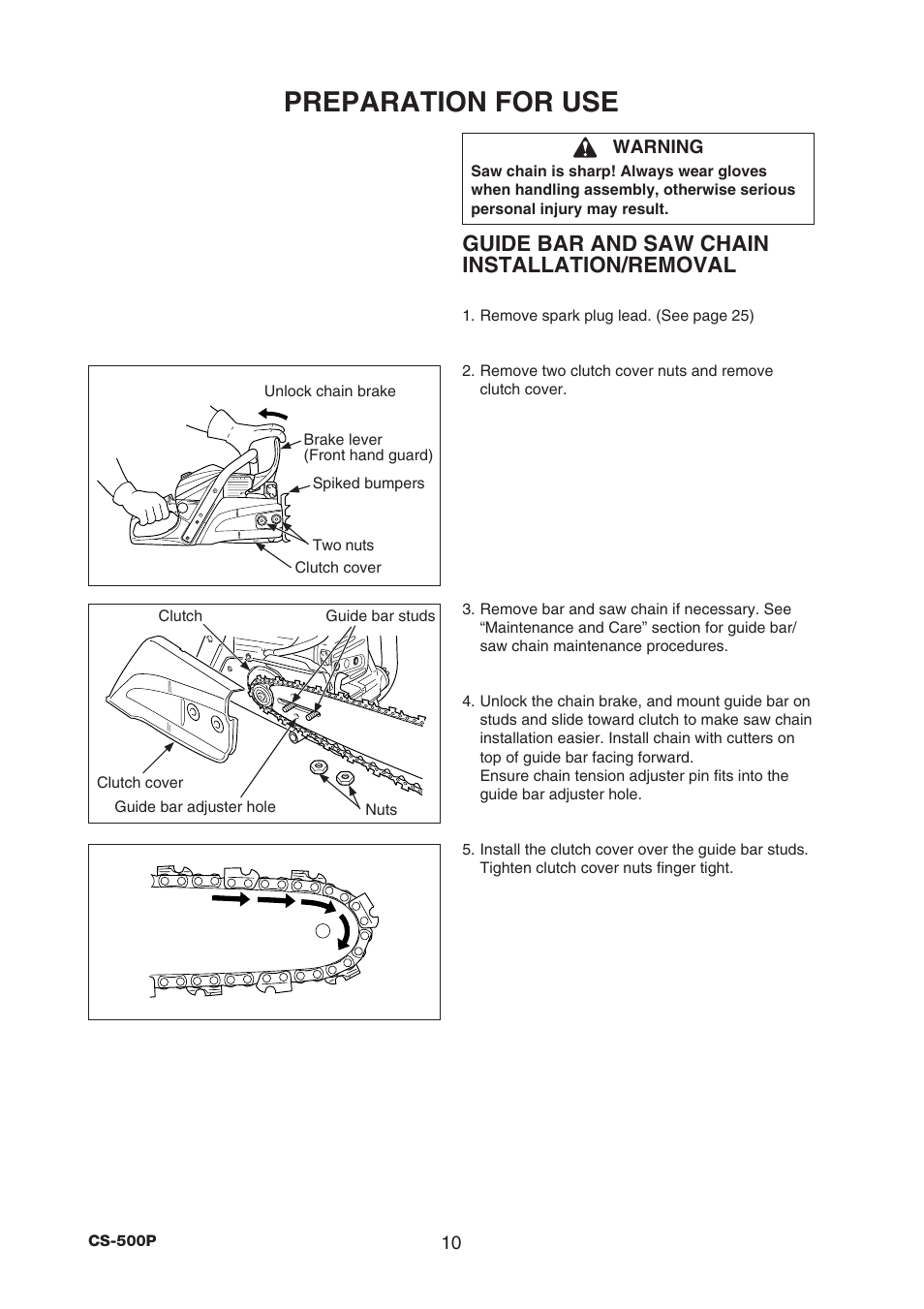 Preparation for use, Guide bar and saw chain installation/removal | Echo CS-500P User Manual | Page 12 / 34