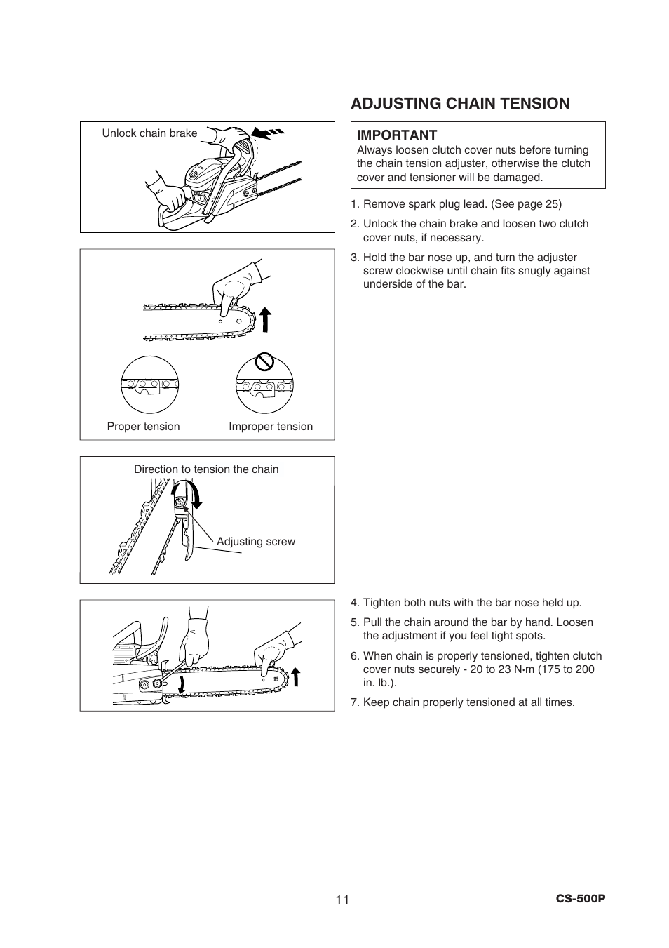 Adjusting chain tension | Echo CS-500P User Manual | Page 13 / 34
