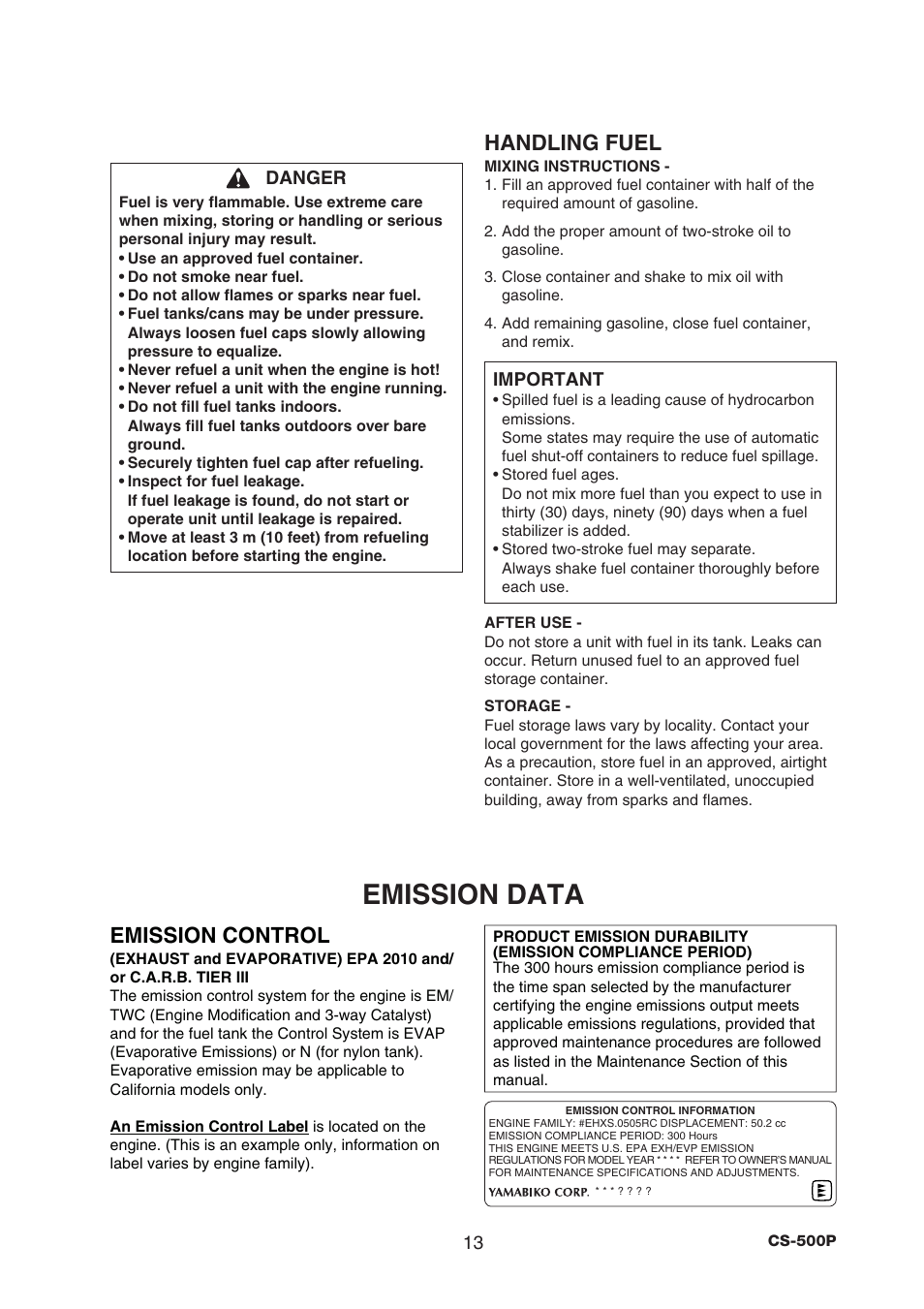 Emission data, Handling fuel, Emission control | Echo CS-500P User Manual | Page 15 / 34