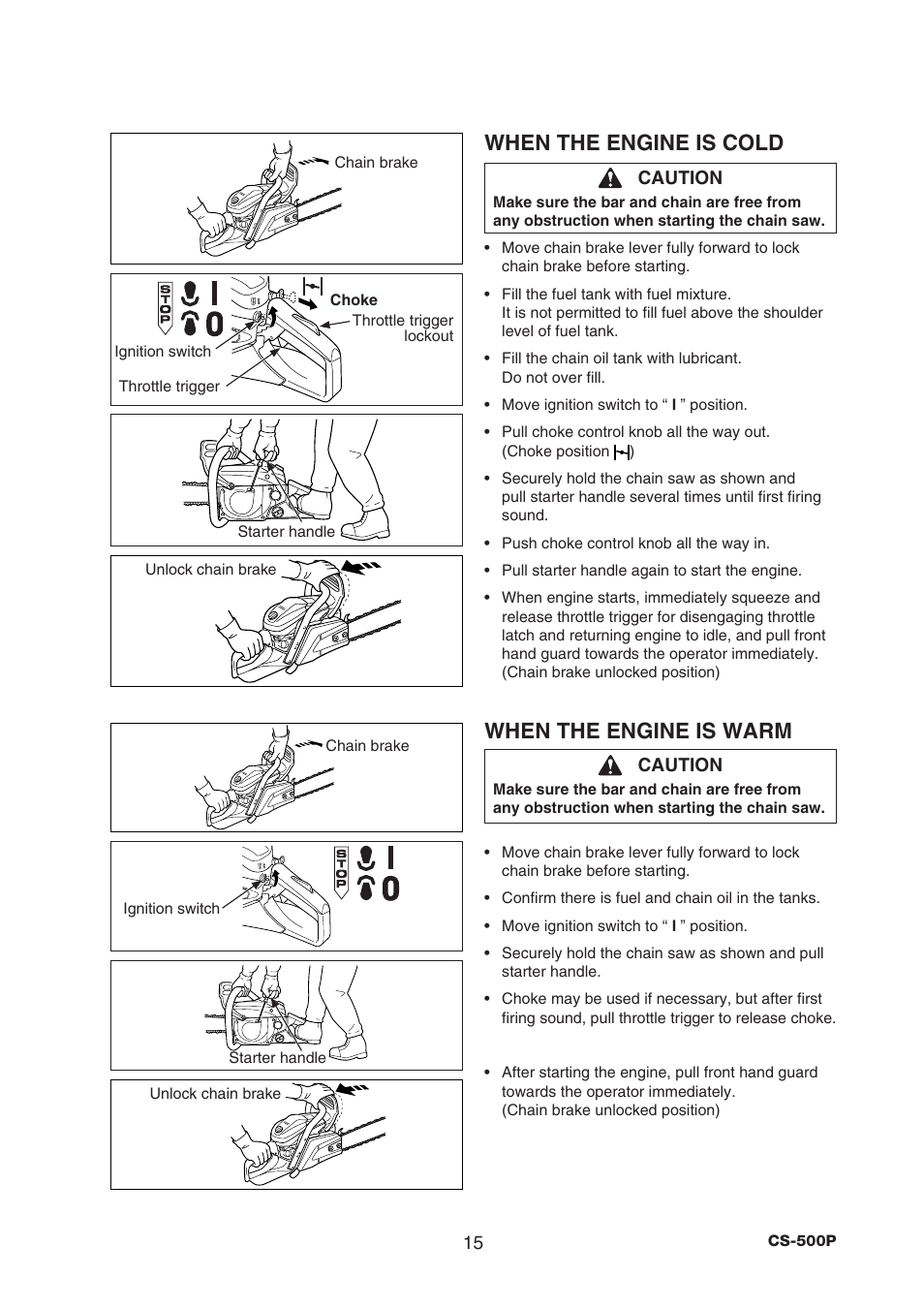 When the engine is cold, When the engine is warm | Echo CS-500P User Manual | Page 17 / 34