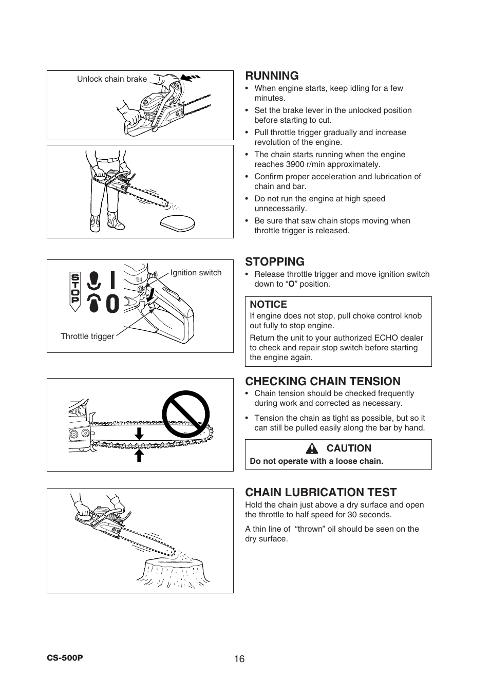 Running, Stopping, Checking chain tension | Chain lubrication test | Echo CS-500P User Manual | Page 18 / 34