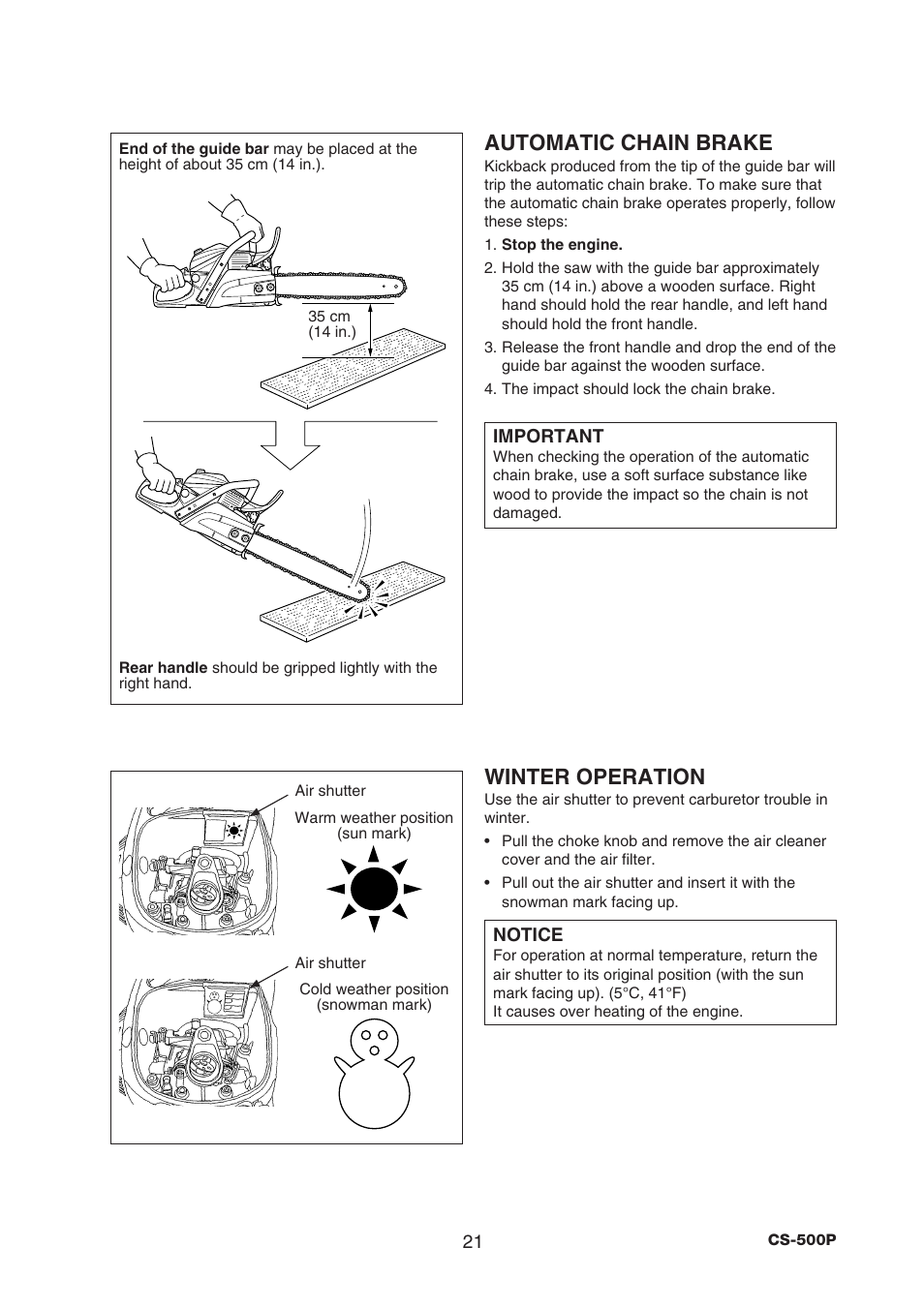 Automatic chain brake, Winter operation | Echo CS-500P User Manual | Page 23 / 34