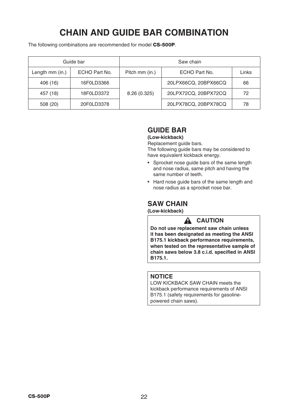 Chain and guide bar combination, Guide bar, Saw chain | Echo CS-500P User Manual | Page 24 / 34