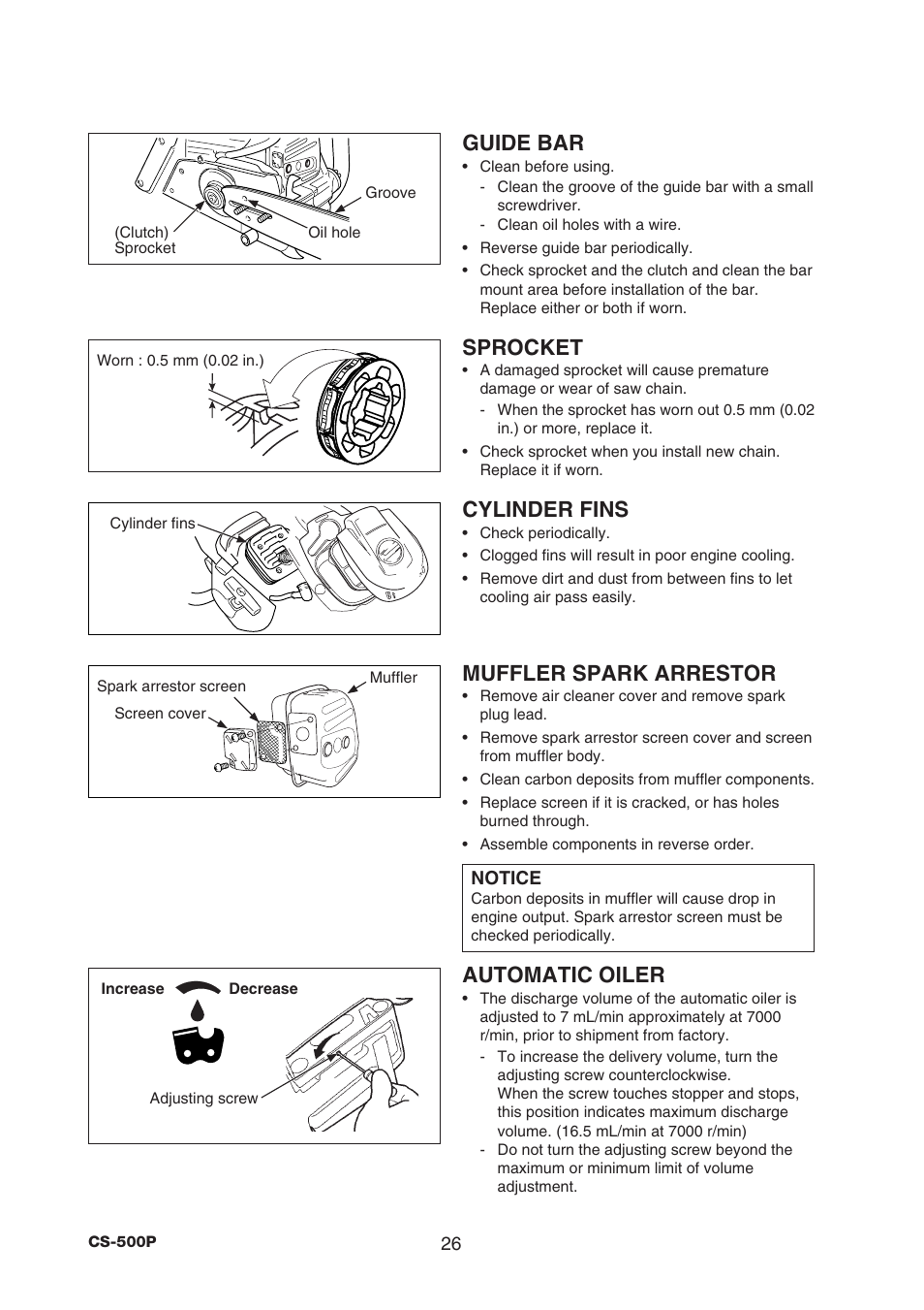 Guide bar, Sprocket, Cylinder fins | Muffler spark arrestor, Automatic oiler | Echo CS-500P User Manual | Page 28 / 34
