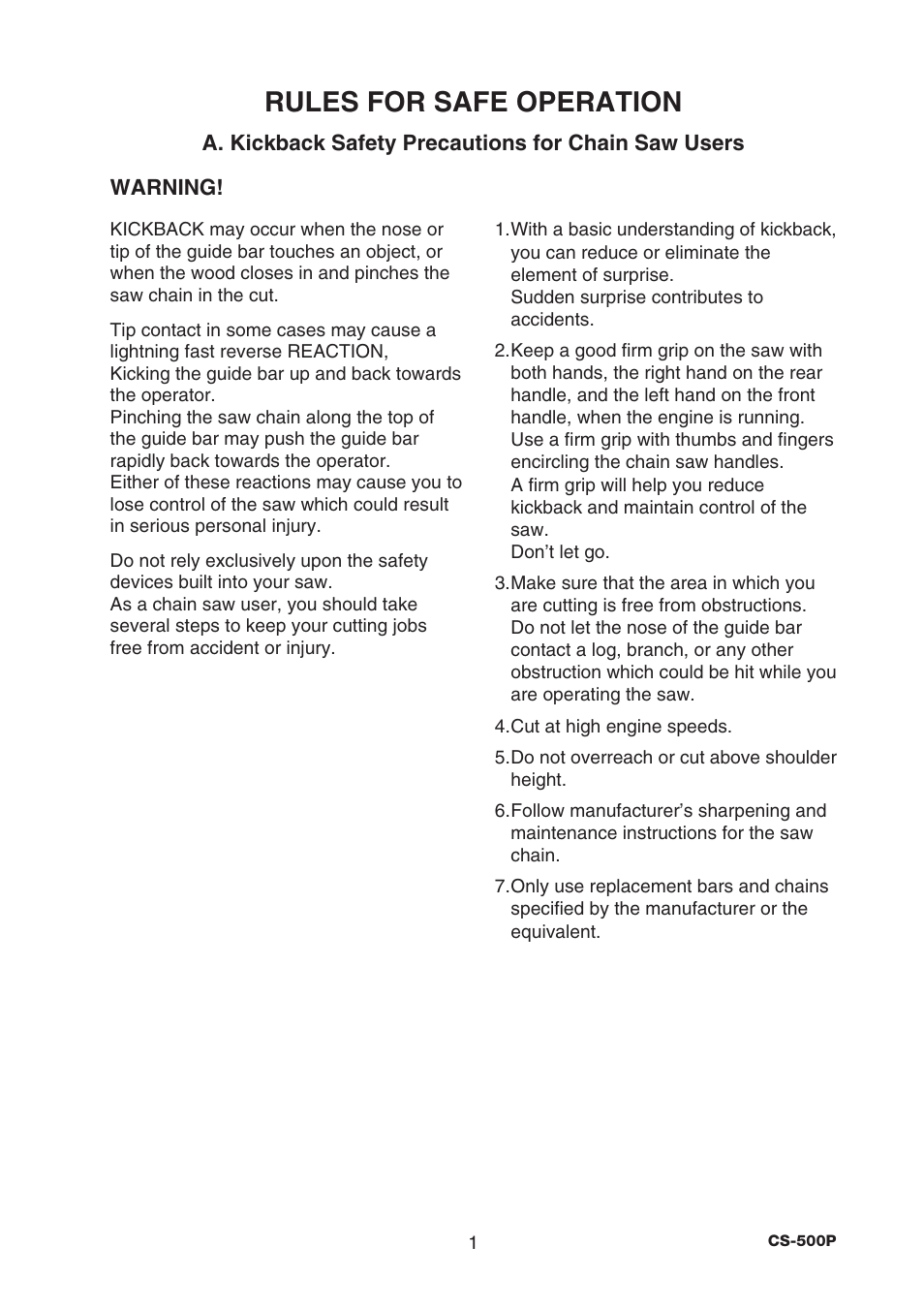Rules for safe operation | Echo CS-500P User Manual | Page 3 / 34