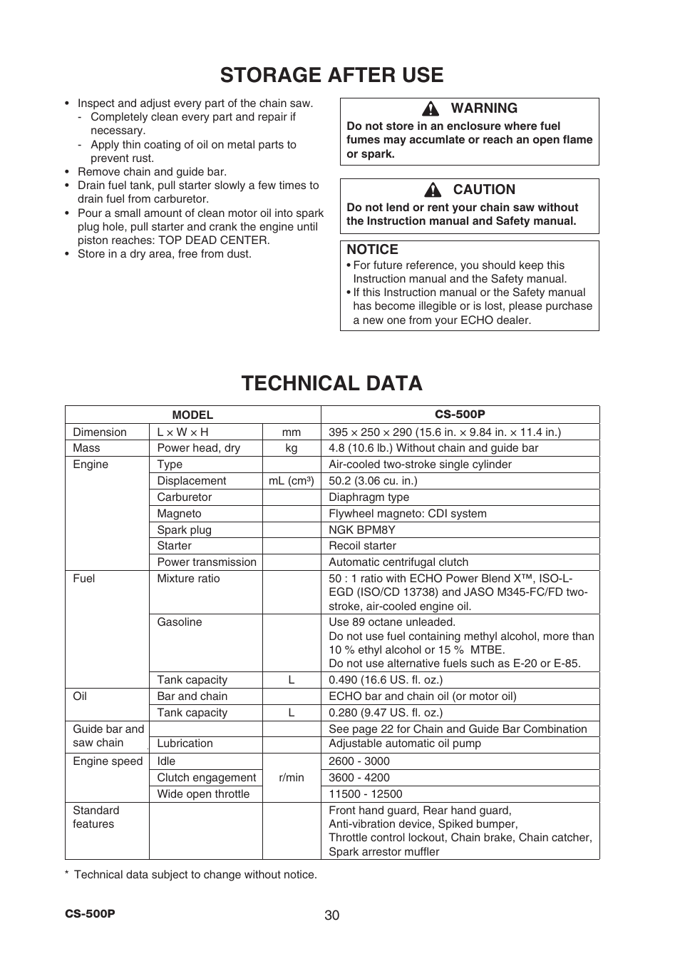 Storage after use, Technical data | Echo CS-500P User Manual | Page 32 / 34