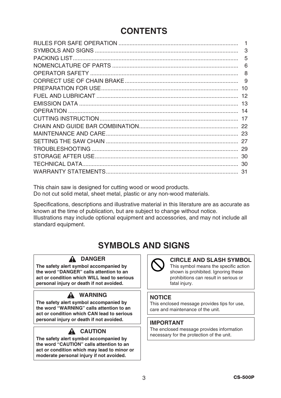 Symbols and signs contents | Echo CS-500P User Manual | Page 5 / 34