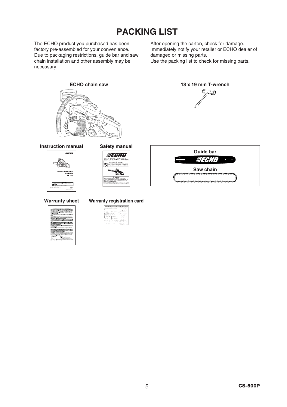 Packing list | Echo CS-500P User Manual | Page 7 / 34