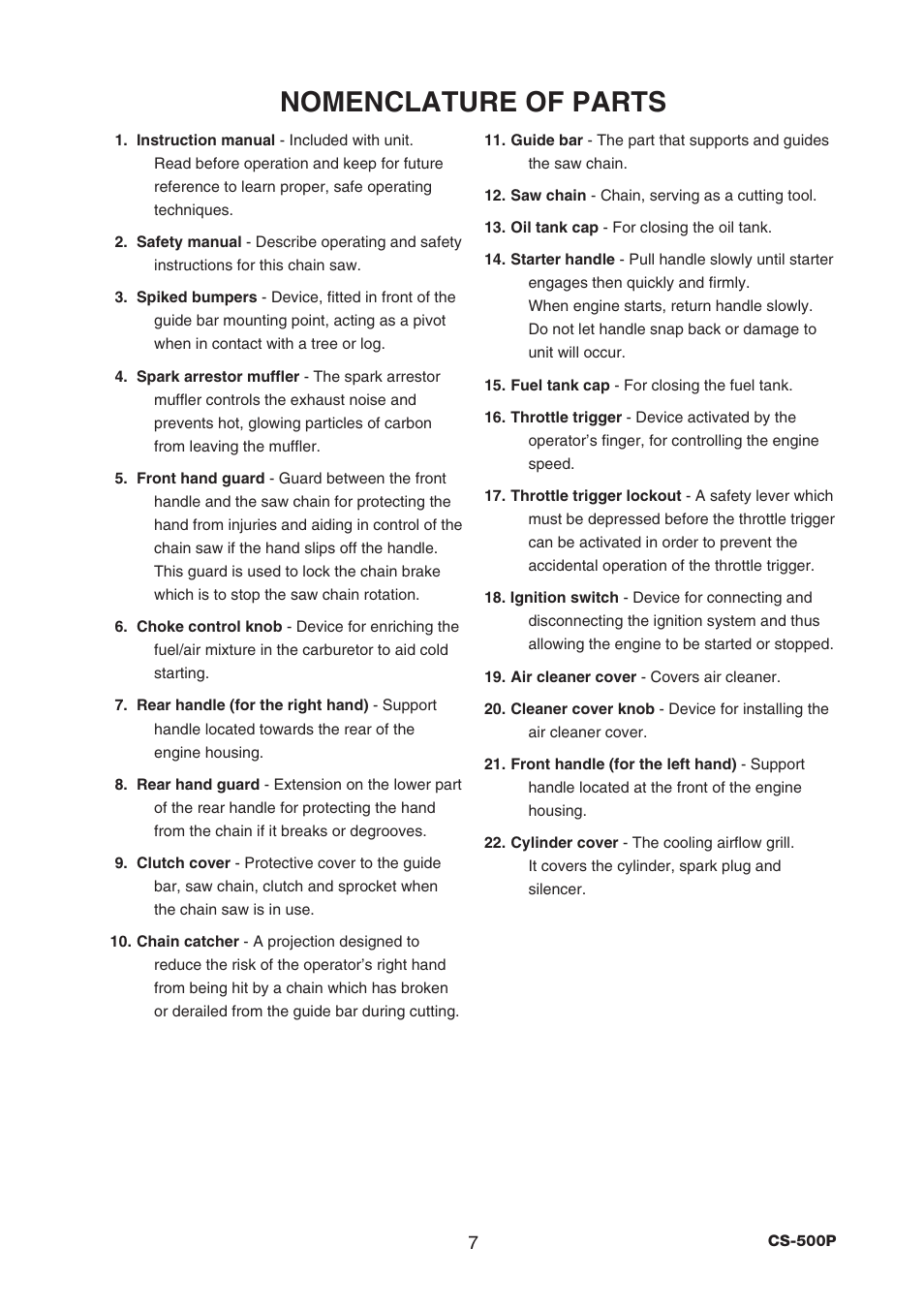 Nomenclature of parts | Echo CS-500P User Manual | Page 9 / 34