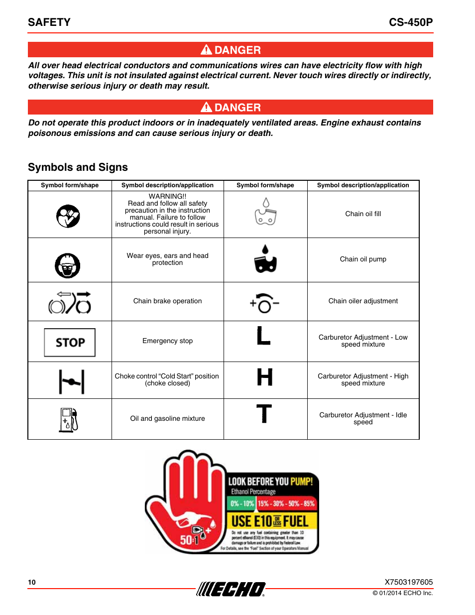 Symbols and signs, Safety cs-450p | Echo CS-450P User Manual | Page 10 / 44