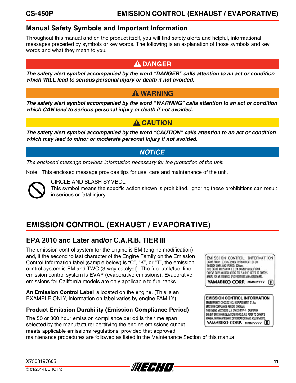 Manual safety symbols and important information, Emission control (exhaust / evaporative), Epa 2010 and later and/or c.a.r.b. tier iii | Echo CS-450P User Manual | Page 11 / 44