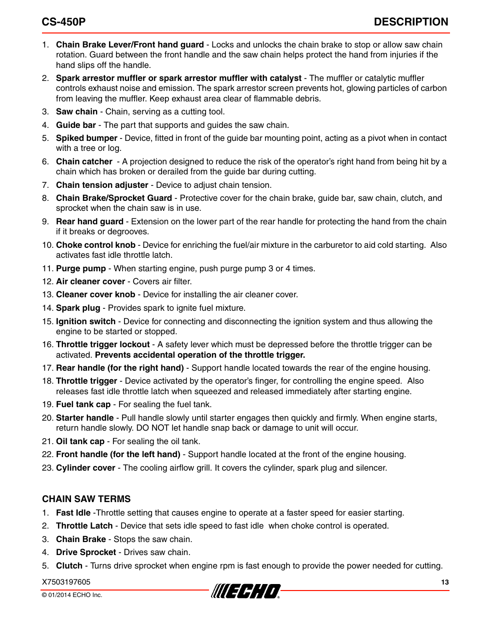 Cs-450p description | Echo CS-450P User Manual | Page 13 / 44