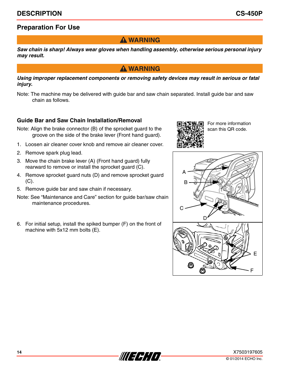 Preparation for use, Description cs-450p preparation for use | Echo CS-450P User Manual | Page 14 / 44