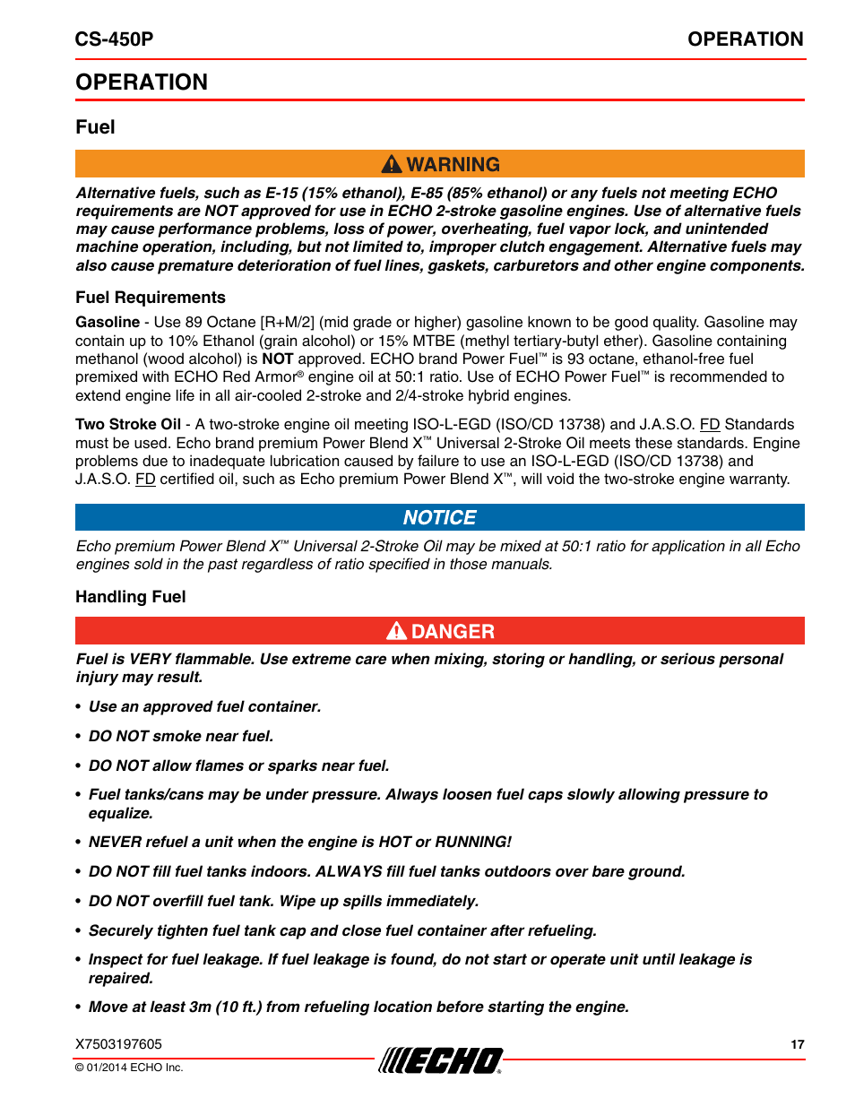 Operation, Fuel, Cs-450p operation | Echo CS-450P User Manual | Page 17 / 44