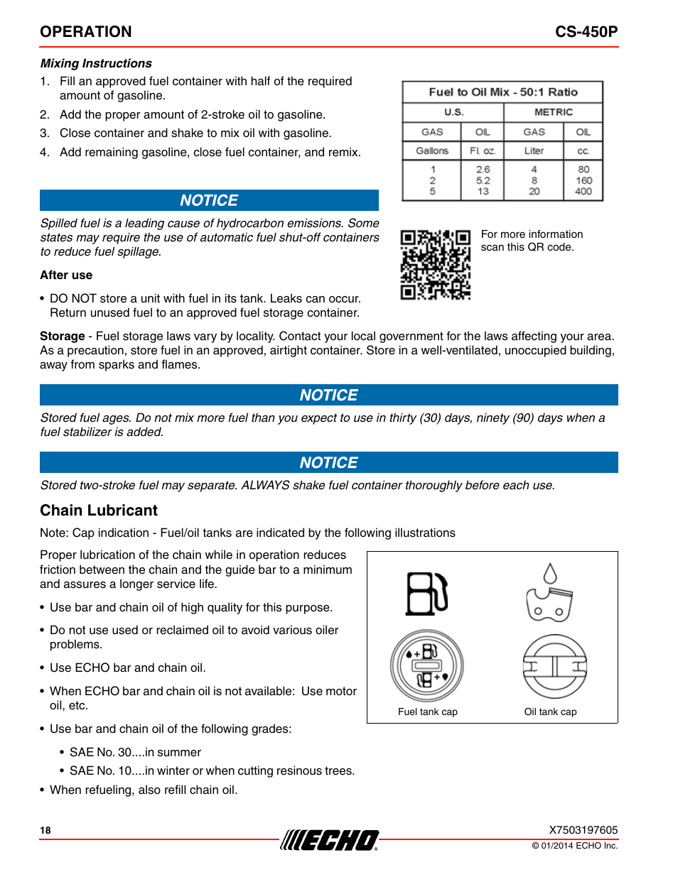 Chain lubricant, Operation cs-450p | Echo CS-450P User Manual | Page 18 / 44