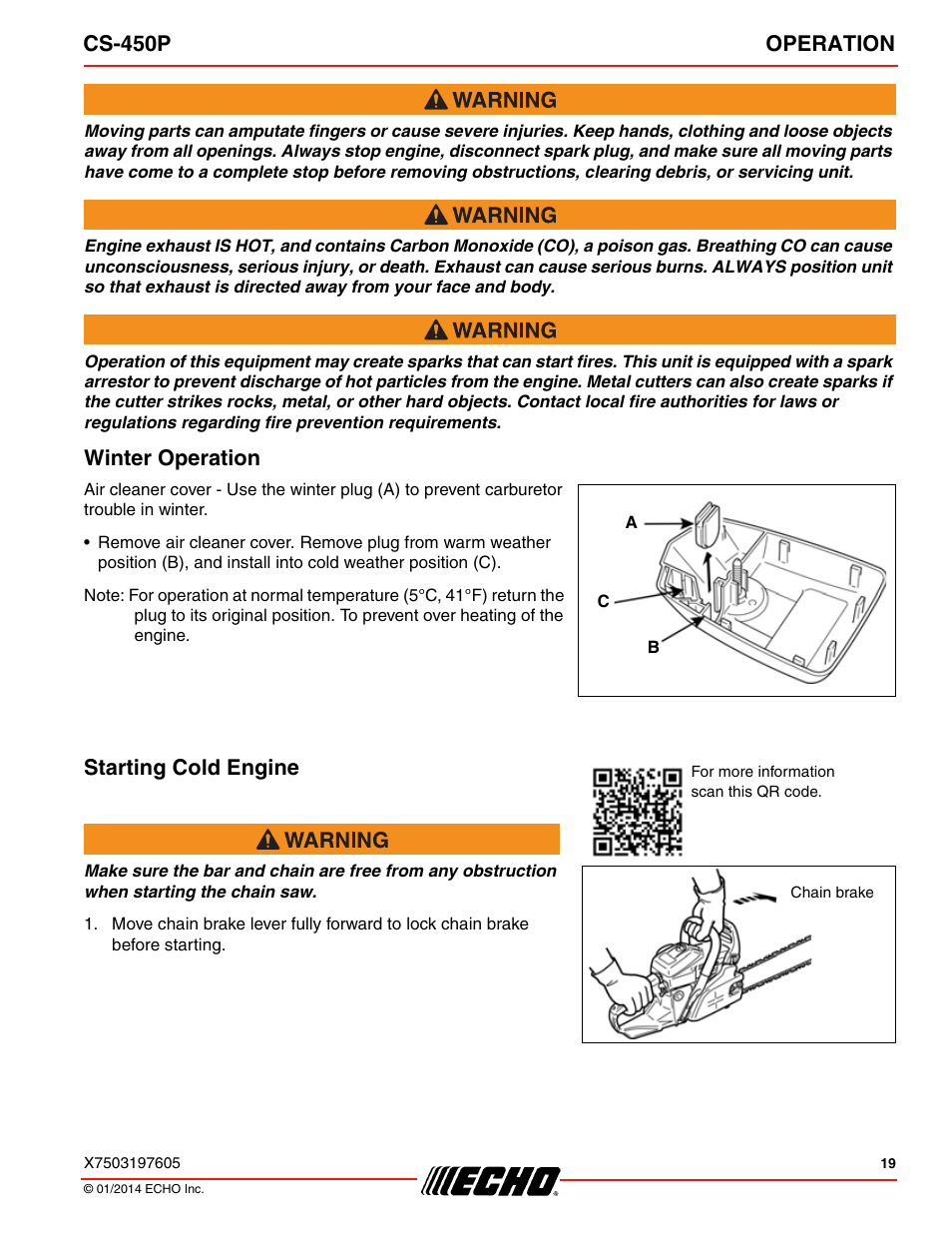 Winter operation starting cold engine, Cs-450p operation, Winter operation | Starting cold engine | Echo CS-450P User Manual | Page 19 / 44