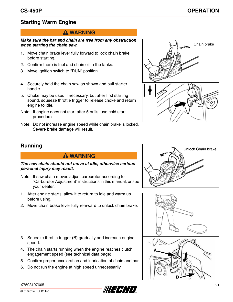 Starting warm engine running, Cs-450p operation, Starting warm engine | Running | Echo CS-450P User Manual | Page 21 / 44
