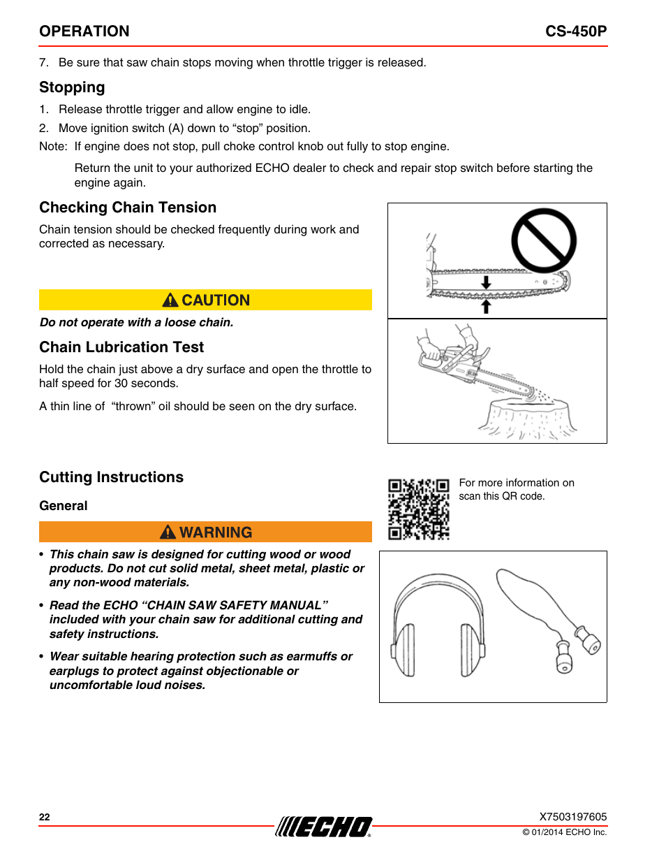 Operation cs-450p, Stopping, Checking chain tension | Chain lubrication test, Cutting instructions | Echo CS-450P User Manual | Page 22 / 44
