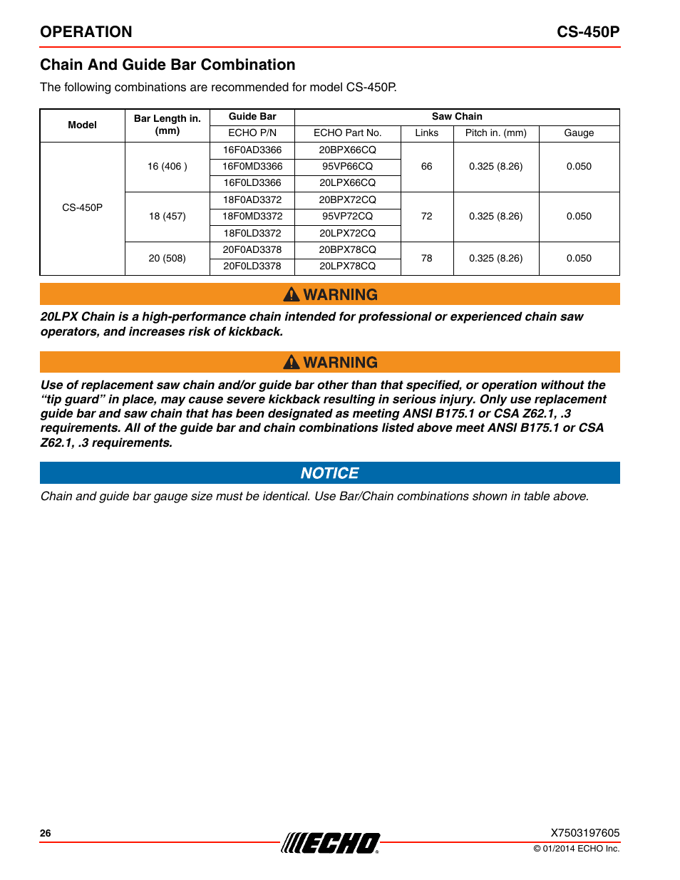 Chain and guide bar combination, Operation cs-450p chain and guide bar combination | Echo CS-450P User Manual | Page 26 / 44