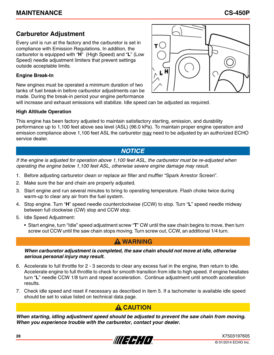 Carburetor adjustment, Maintenance cs-450p | Echo CS-450P User Manual | Page 28 / 44