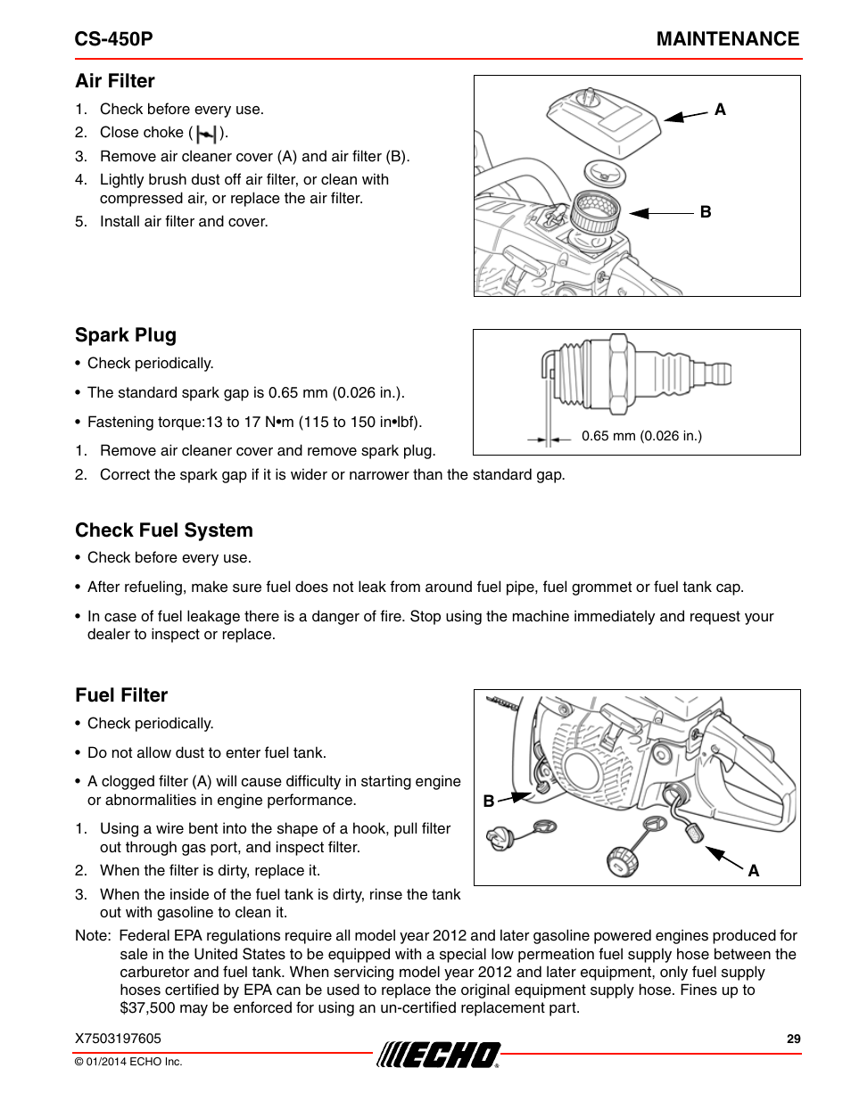 Cs-450p maintenance, Air filter, Spark plug | Check fuel system, Fuel filter | Echo CS-450P User Manual | Page 29 / 44