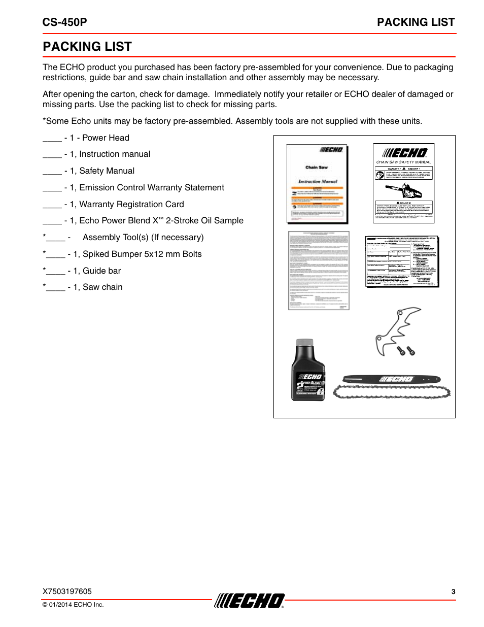 Packing list, Cs-450p packing list | Echo CS-450P User Manual | Page 3 / 44