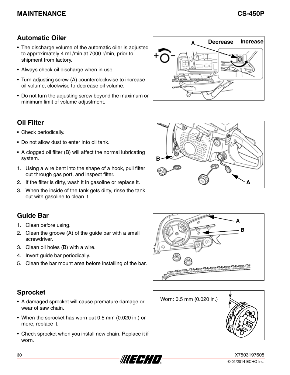 Automatic oiler oil filter guide bar sprocket, Maintenance cs-450p automatic oiler, Oil filter | Guide bar, Sprocket | Echo CS-450P User Manual | Page 30 / 44