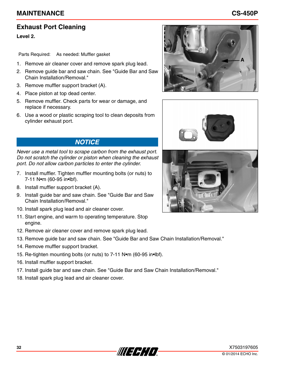 Exhaust port cleaning, Maintenance cs-450p exhaust port cleaning | Echo CS-450P User Manual | Page 32 / 44