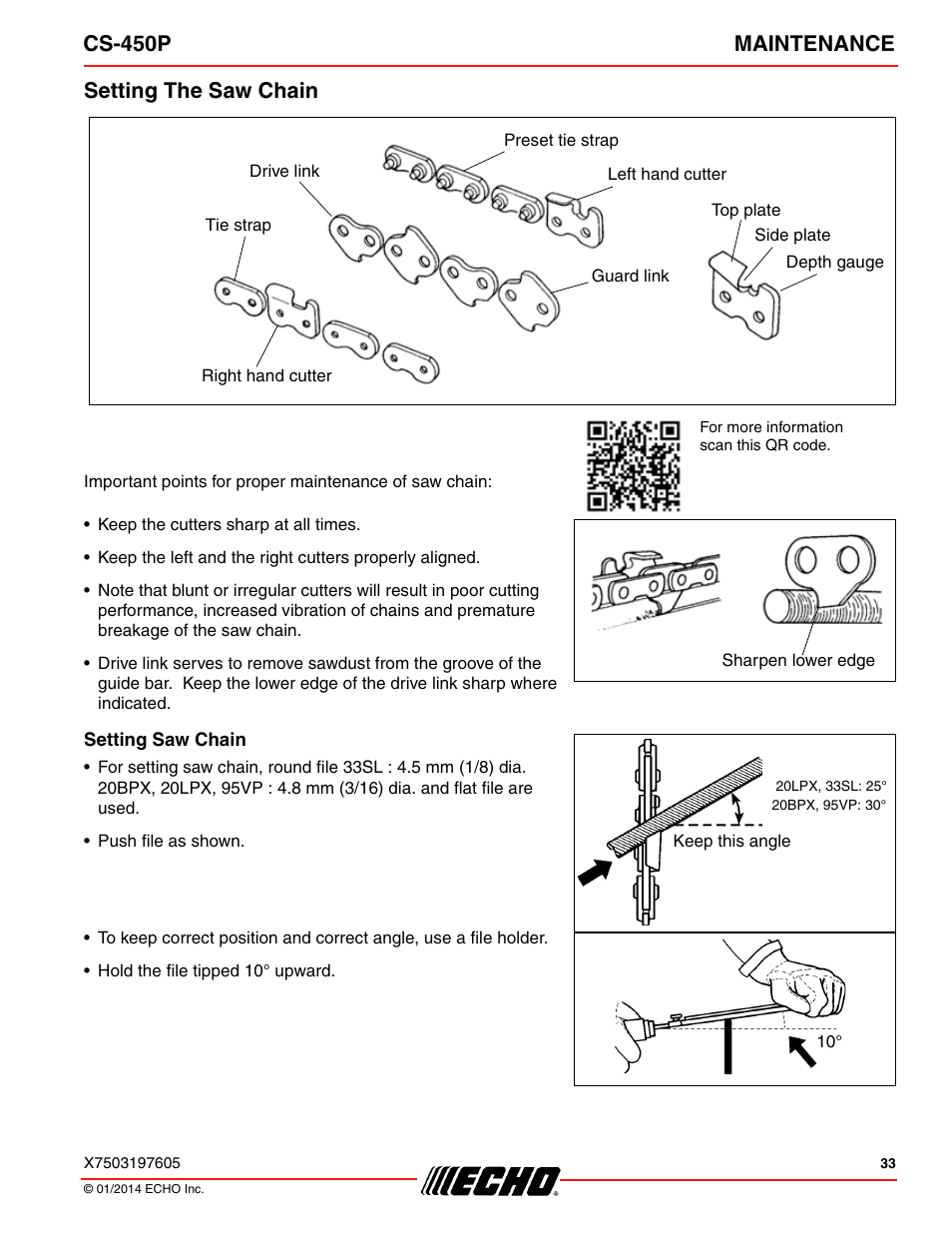 Setting the saw chain, Cs-450p maintenance | Echo CS-450P User Manual | Page 33 / 44