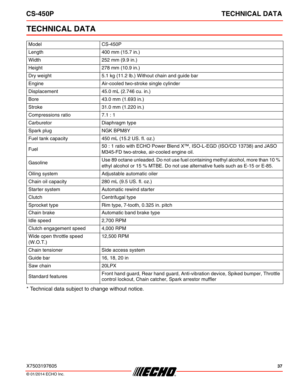 Technical data, Cs-450p technical data | Echo CS-450P User Manual | Page 37 / 44