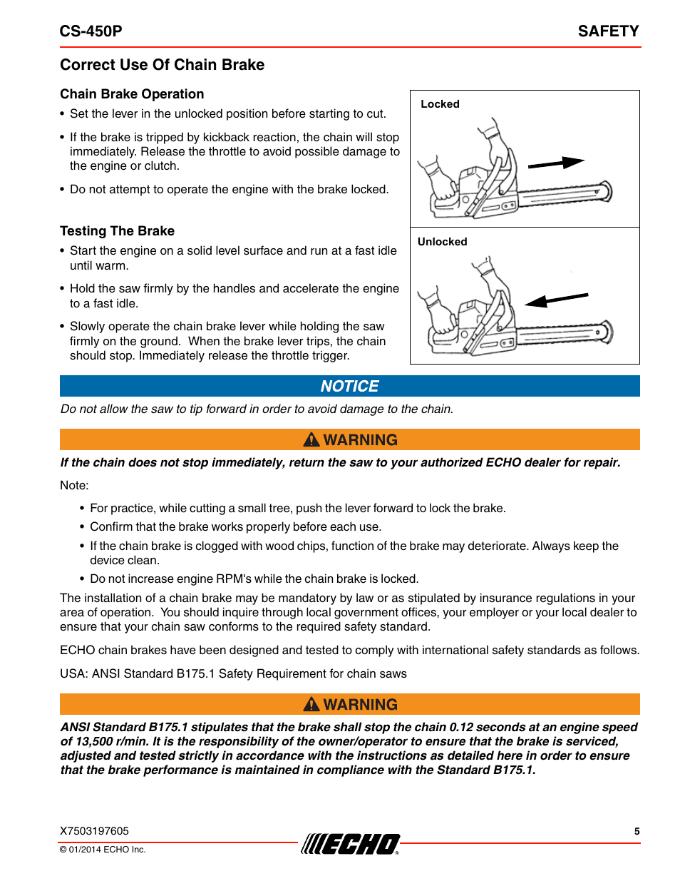Correct use of chain brake, Cs-450p safety | Echo CS-450P User Manual | Page 5 / 44