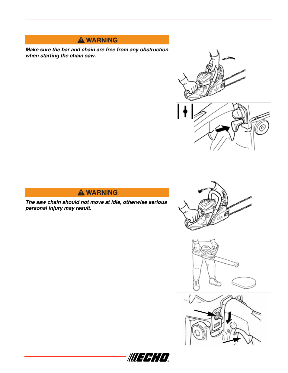 Starting warm engine running, Cs-450 operation, Starting warm engine | Running | Echo CS-450 User Manual | Page 21 / 48